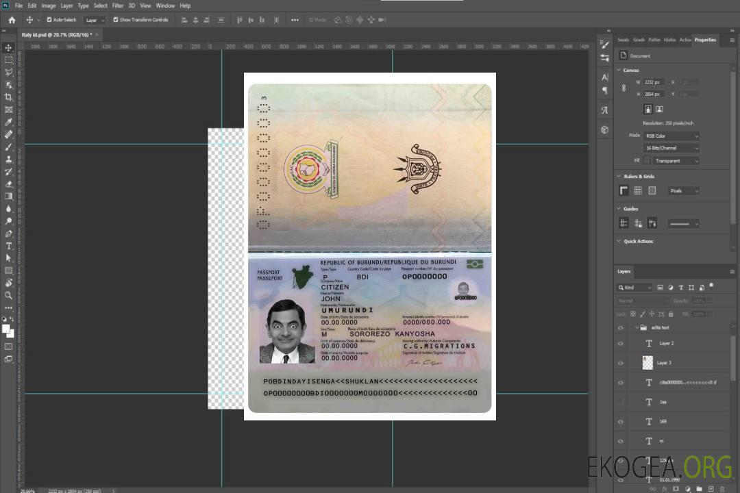 Modèle PSD de passeport burundais, entièrement modifiable (2019 – présent) template